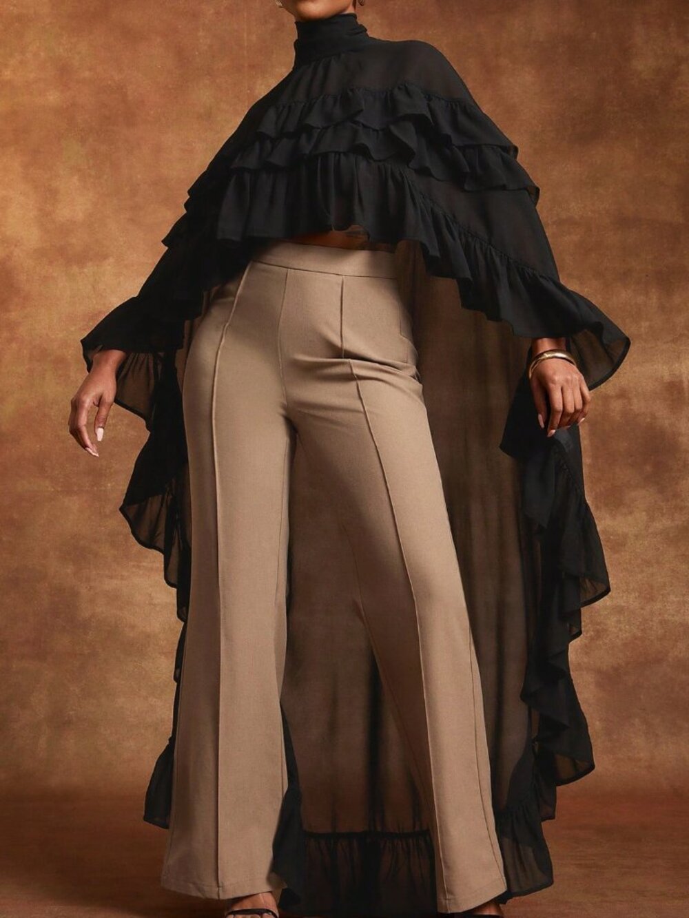 Black Women's Sheer Chiffon Layered Ruffle Mock Neck Hem Top - Picture 4 of 5
